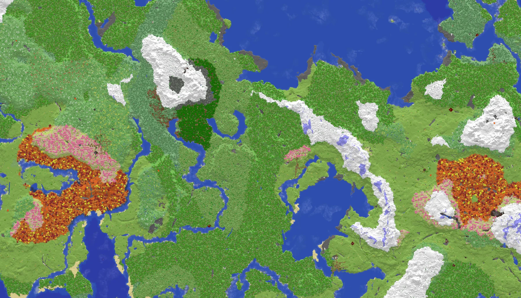 Ausschnitt der Weltkarte des Testservers von oben: Wälder, ein Fluss, schneebedeckte Berge und ein Kirschblütenhain in Herbstfarben.